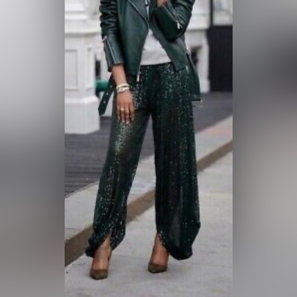 Zara Sequined Sheer Balloon Pants Elastic Waist Size Small Green Club Night NWT - Picture 1 of 16